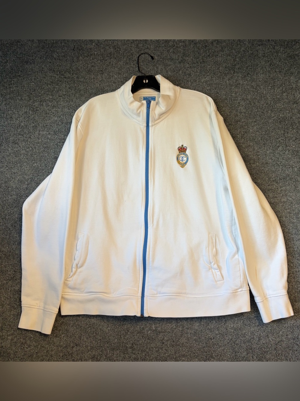 The Queen's Club Track Jacket Women XL White Blue Zip‎ Crest Tenniscore Preppy
